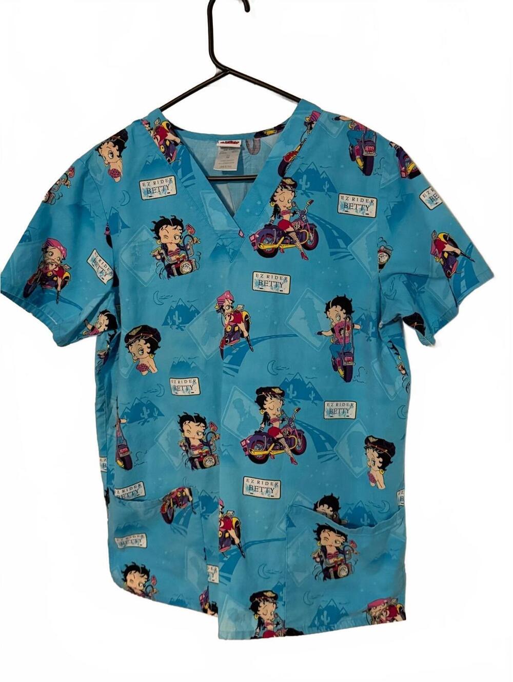 Betty Boop EZ Rider Printed Medical Scrub Top, Size Medium